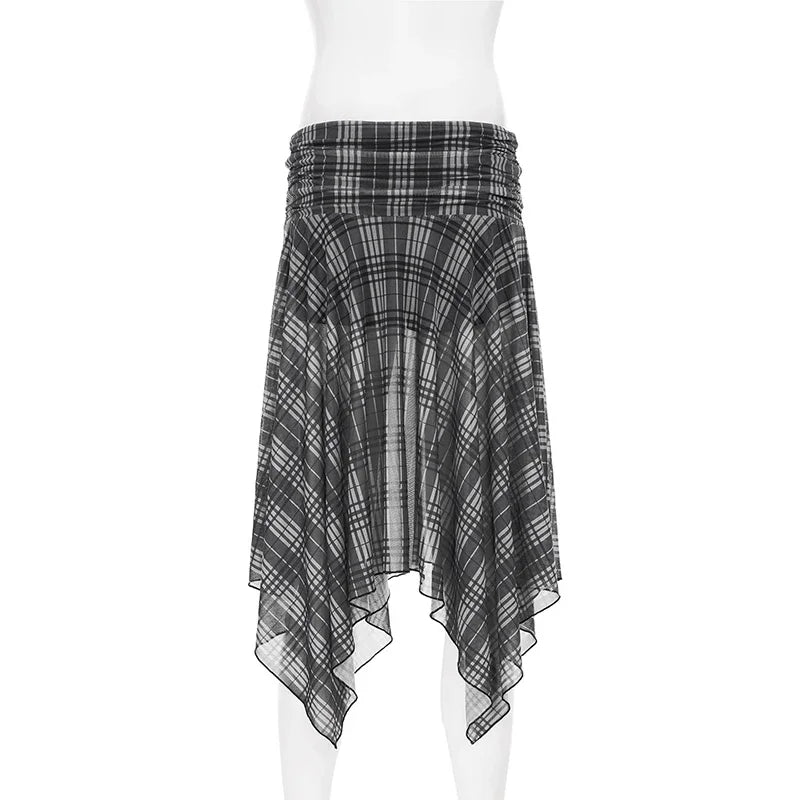 Lunivop Vintage Plaid Midi Skirt Women Y2K Streetwear Irregular Mesh Skirts Summer Gyaru Harajuku Korean High Waist A Line Faldas