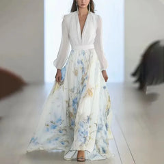 Lunivop  Elegant Long Sleeve Maxi Dress Women Summer Fashion Slim Floral Print V-neck White Long Dresses Casual Ethnic Style Resort