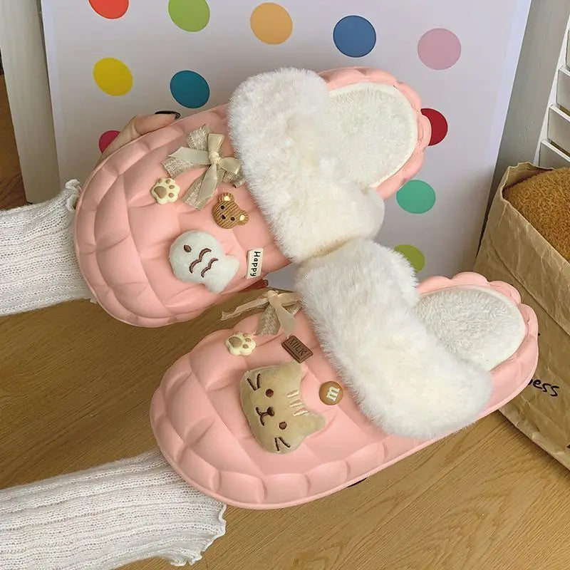 Lunivop Winter Slippers for Women Cartoon Cat Outdoor Waterproof House Shoes Ladies Plush Casual Shoes Indoor Fluffy Cotton Shoes