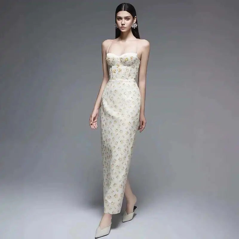 Lunivop Women's Fashion Floral Dress Halter Chest Wrapping Patchework Slim Backless Ankle-length Dresses Spring 2025 New