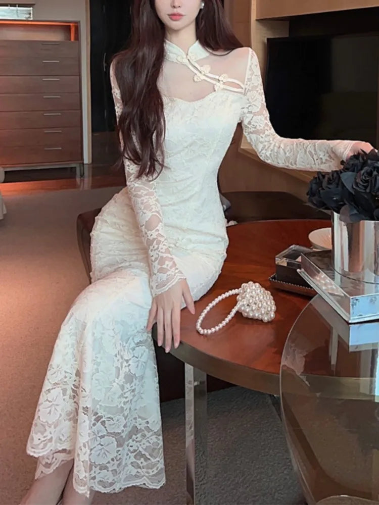 Lunivop  Autumn Elegant Cheongsam Dress for Women Sexy Solid Stand Collar Long Sleevs Evening Party Prom Dresses Female One Piece Vestido