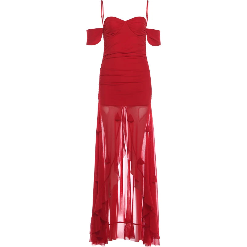 Lunivop  Cutenew Valentine's Day Seetw Dress Women Sexy Strap Off The Shoulder Backless Mesh Patchwork Appliques Ruffle Slim Slit Bodycon