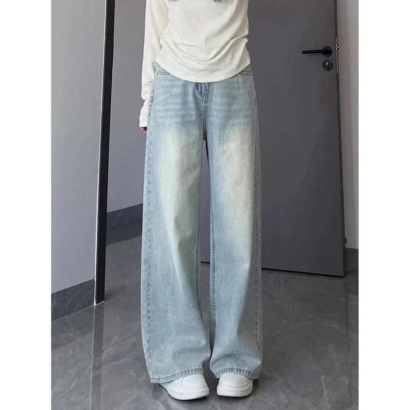 Lunivop  Washed Vintage Straight Jeans Women Versatile Casual High Waisted Light Blue Denim Pants Woman Streetwear Wide Leg Trousers