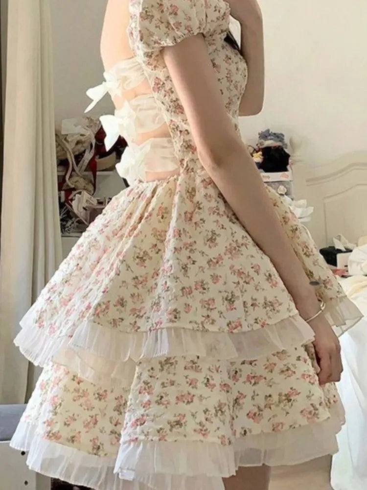 Lunivop  Summer Fairy Puff Sleeve Strapless Floral Print Dresses Women Elegant Sweet Chiffon Dress High Waist Slim Tierred Princess New