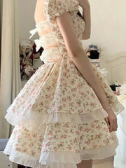 Lunivop  Summer Fairy Puff Sleeve Strapless Floral Print Dresses Women Elegant Sweet Chiffon Dress High Waist Slim Tierred Princess New