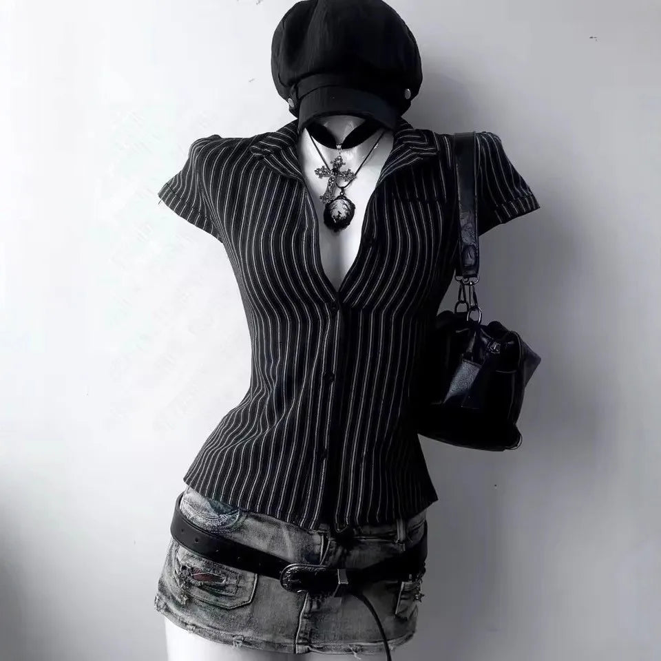 Lunivop  Women's Blouse Polo Neck Short Sleeve Striped Single Breasted Regular Length Tops For Women Female Clothing Woman Clothes