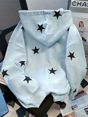 Lunivop Stars Print Hoodies Women Vintage Streetwear Long Sleeve Loos Blue Sweatshirts Casual Pockets Lace Up American Fall Tops