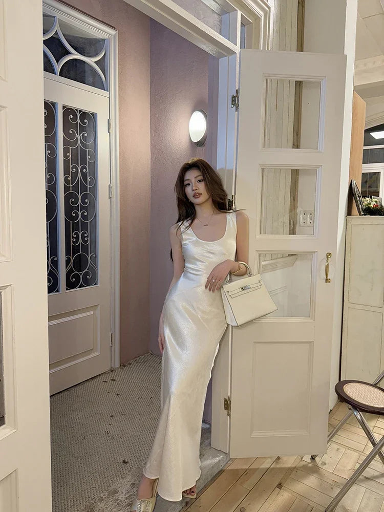 Lunivop New Satin Solid Elegant Chic Mermaid Dresses Spring SummerSleeveless Bodycon Slim Wasit Evening Wedding  Party Woman Dress