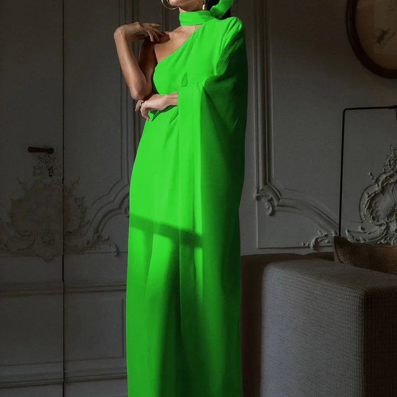 Lunivop  Elegant Halter One Shoulder Loose Party Long Dress Lady Batwing Sleeve Banquet Casual Women Fashion Skew Collar Dress