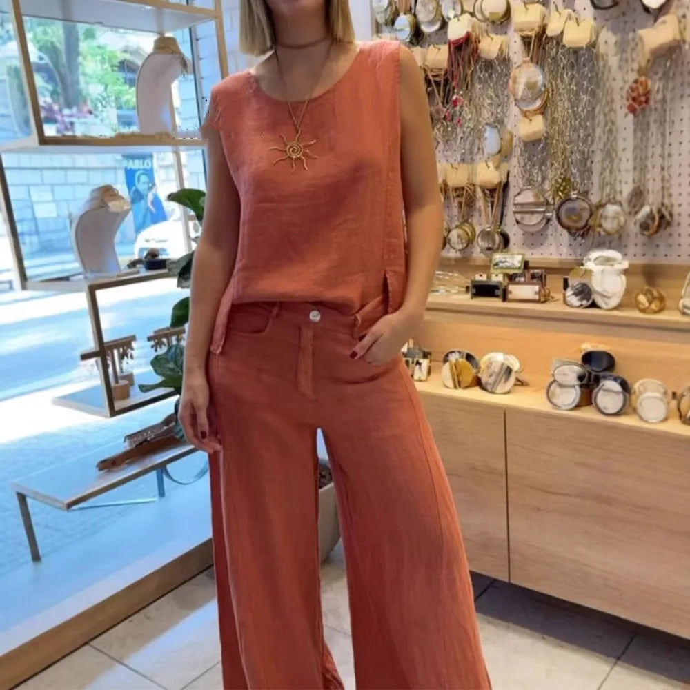 Lunivop  Summer Fashion New Women's Commuting Style Cotton and Hemp Two Piece Set Round Neck Sleeveless Top Wide Leg Pants Set