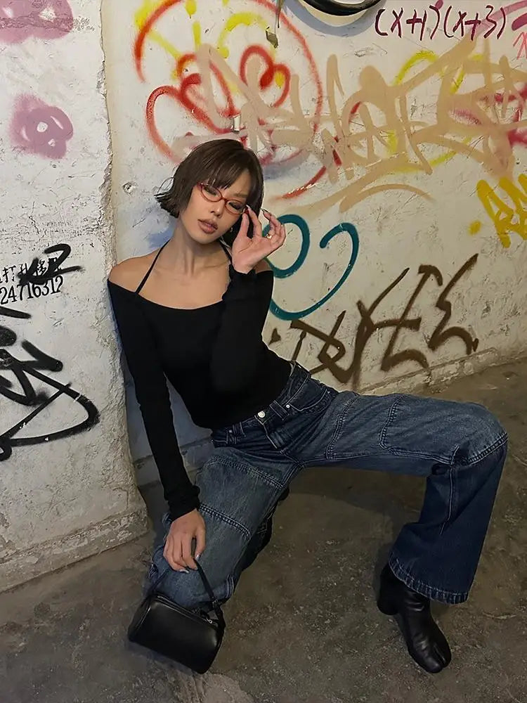 Lunivop American Retro 90s Halter T Shirt Women Long Sleeve Black Slim Streetwear Y2k Vintage Tee Female Clothes Skinny Tshirts