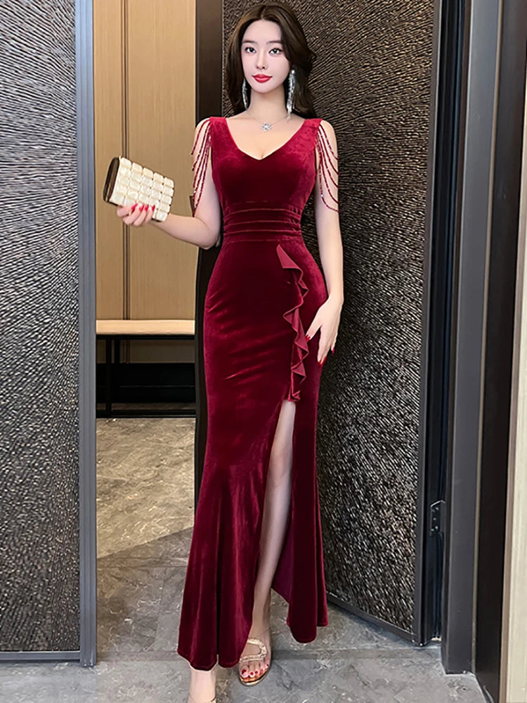 Lunivop  Spring Autumn Green Velvet Chic Tassel Sling Sexy Long Dress Women Elegant Ruffle Slit Dress Korean Fashion Bodycon Dresses