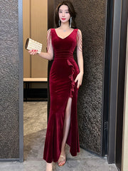 Lunivop  Spring Autumn Green Velvet Chic Tassel Sling Sexy Long Dress Women Elegant Ruffle Slit Dress Korean Fashion Bodycon Dresses