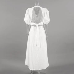 Lunivop  White Backless Summer Dress For Women Short Sleeve Slim V-Neck High Waist Elegant Commute Dress Female Bandage Long Dress