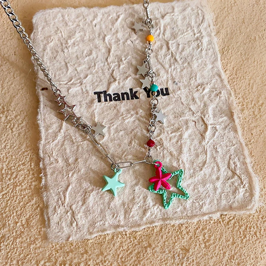 Lunivop New Fashion Cute Pink Green Star Pendant Necklace for Women Niche Design Charms Necklace Sweet Elegant Vacation Party Jewelry