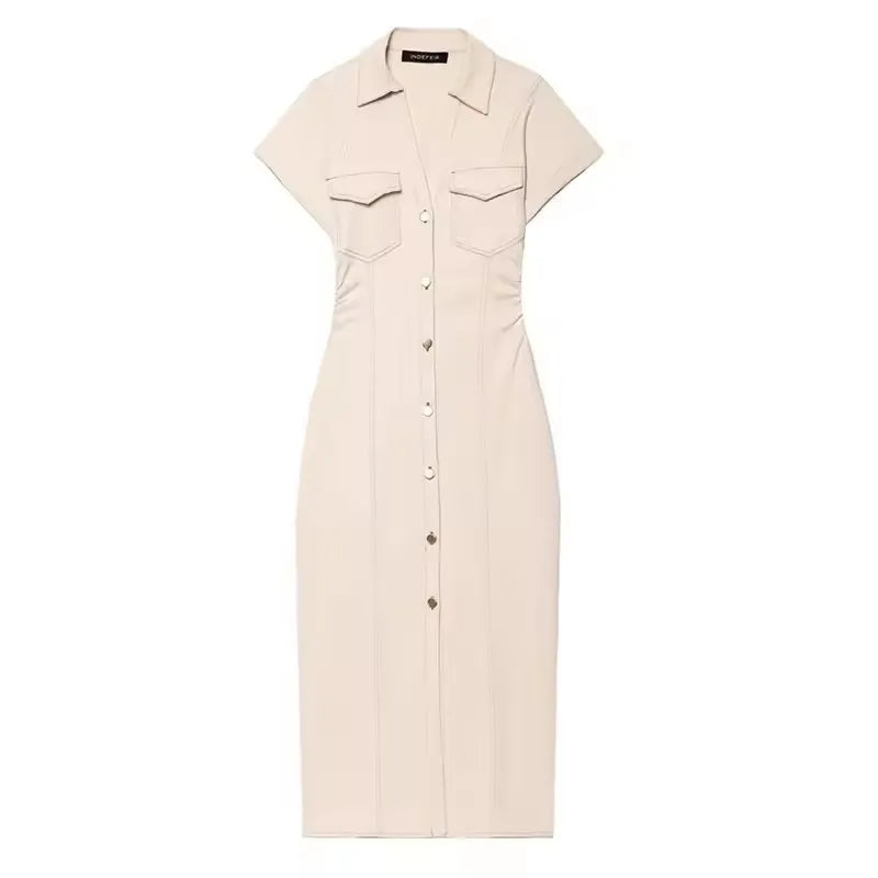 Lunivop  Denim Dress Women's Spring Summer Casual Long Dresses For Women New Fashion Ruched Short Sleeve Streetwear Midi Dress