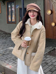 Lunivop Women Faux Lamb Suede Jacket Winter Warm Long Sleeve Sweet Cotton Coat Korean Pockets Female Thick Vintage Outwear Tops