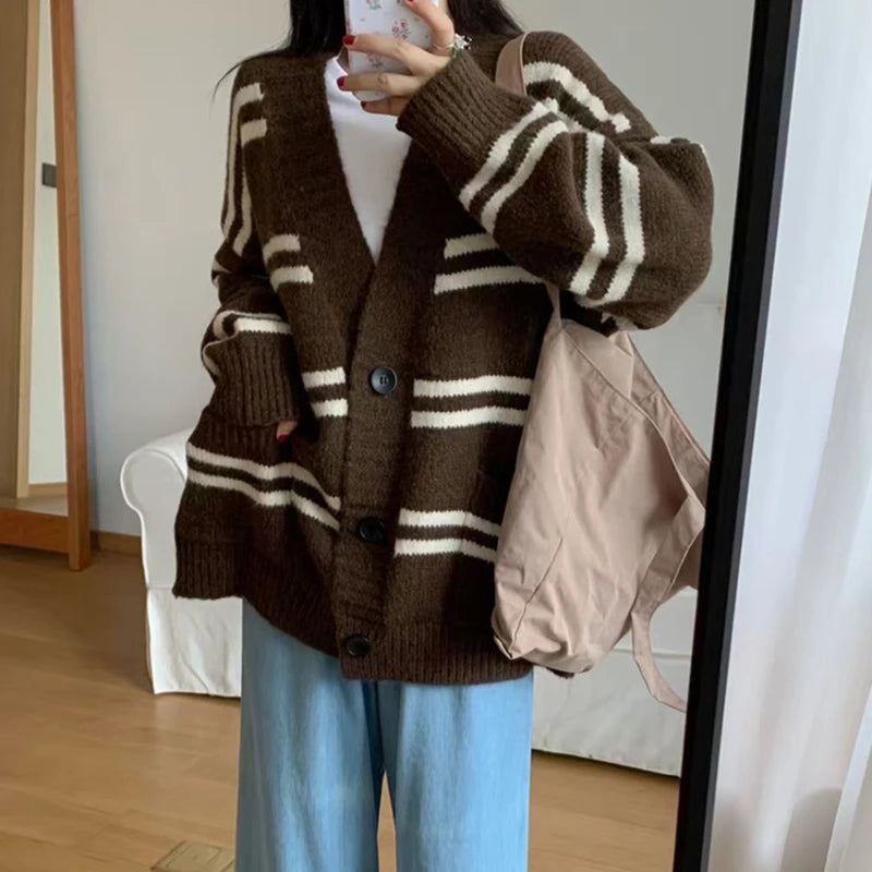 Lunivop Women Cardigan Sweater Striped V-neck Button-up Sweater Jacket Comfy Cozy Slouchy Cardi Autumn Winter Casual Outfit