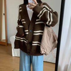 Lunivop Women Cardigan Sweater Striped V-neck Button-up Sweater Jacket Comfy Cozy Slouchy Cardi Autumn Winter Casual Outfit