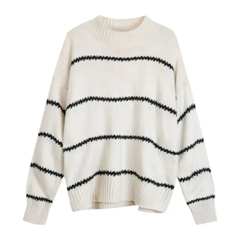 Lunivop Oversized Striped Sweater Mock Neck Pullover Women Cozy Knit Long Sleeve Jumper Fall Winter Korean Fashion Casual Daily Outfit