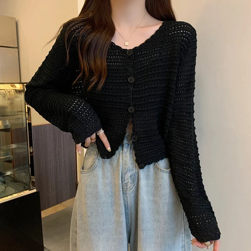 Lunivop Women Button Up Short Cardigan Knitted Shirt Hollow Out Crochet Crop Top Long Sleeved Thin Cover Up Teen-girl Casual Outfit