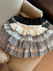 Lunivop  Sweet Lace Plaid Skirt Women High Waist Cute Vintage Mini Skirts Casual Preppy Style Patchwork Japan Kawaii Female Skirt