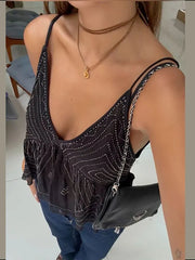 Lunivop  Beaded Strap Cami Top Black Deep V-Neck Ruffled Hem Sheer Fabric Artistic Beadwork Trendy Women Tops Fashion Chic Blouse