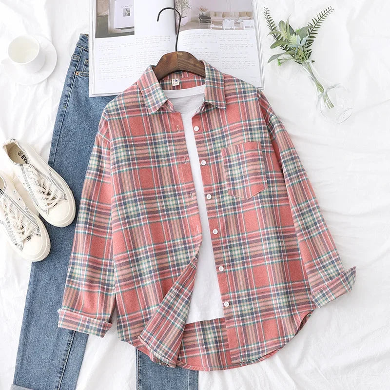 Lunivop  Elegant Women's Plaid Shirt New Ladies Large Size Casual Loose Lapel Long Sleeve Blouse&Tops Female Lapel Checked Clothing