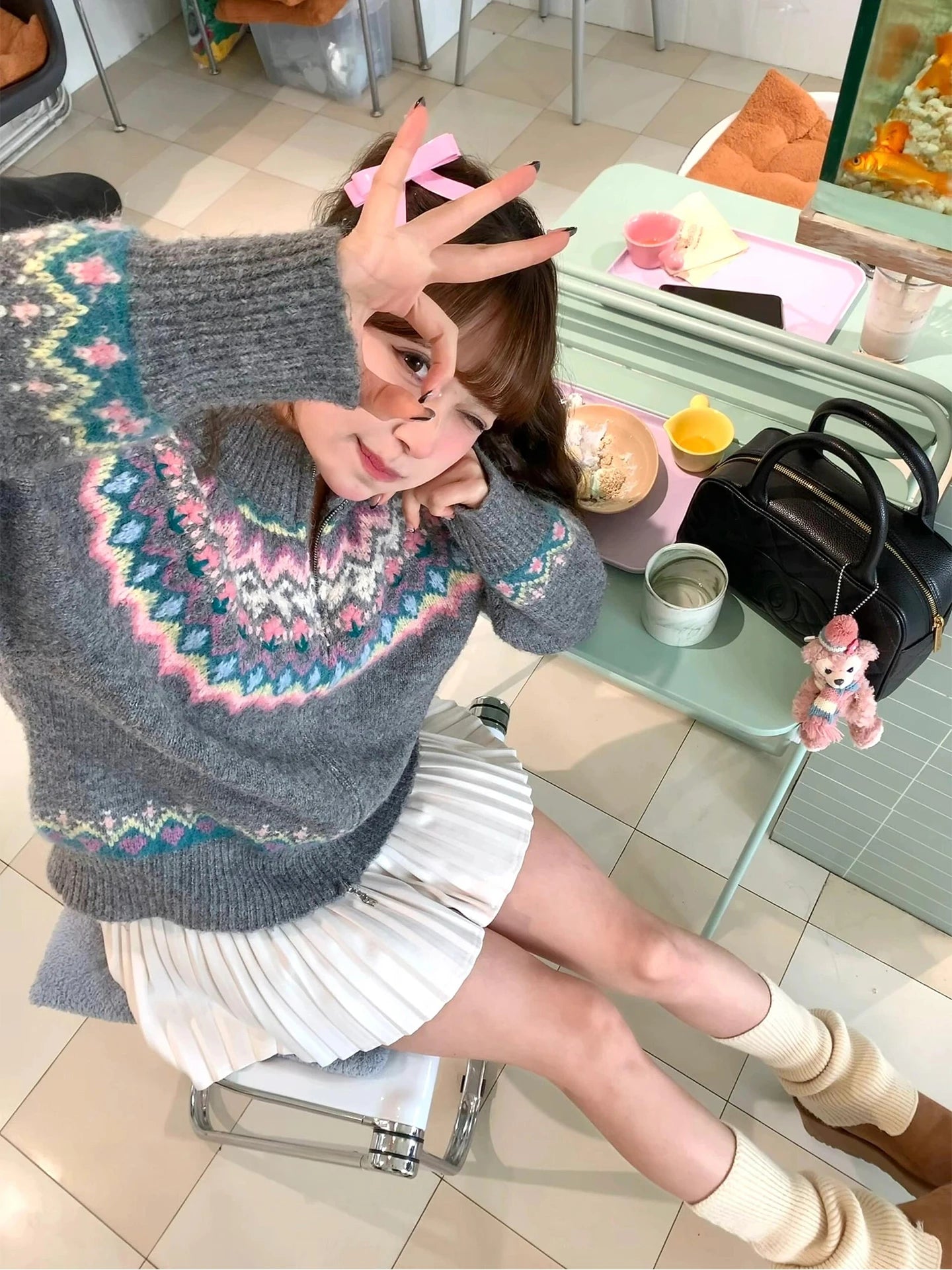Lunivop Women Fair Isle Sweater Cardigan Cute Pink Cozy Chunky Knit Collared Zip-up Sweater Jacket Teen-girl Fall Winter 90s Outfit
