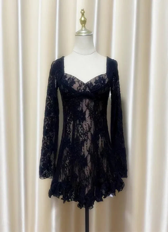 Lunivop Fashion Lace Dress Women's Square Collar Long Sleeve Backless Casual Dresses 2025 Summer New Tide