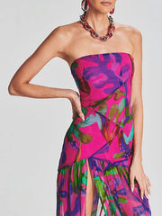 Lunivop  Women Tube Top Dress Slim Strapless Backless Mesh Patchwork Tropical Print High Slit Long Dress for Party Club Night