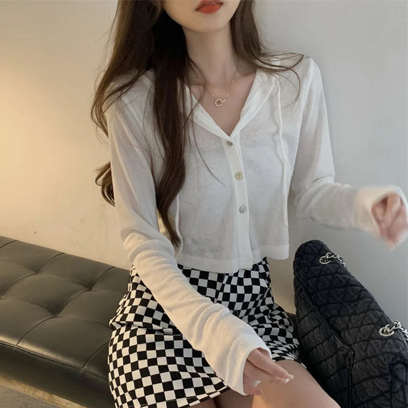 Lunivop Rimocy Summer Knitted Hooded Cardigan Women Korean Streetwear Single Breasted Crop Tops Woman Solid Long Sleeve Knitwear Top
