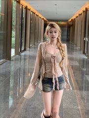 Lunivop  Sweet Vintage 3D Rose Halter Patchwork Camisole Vest+ Irregular Hollow Out Long Sleeve Cardigan Spring New Two Piece Sets