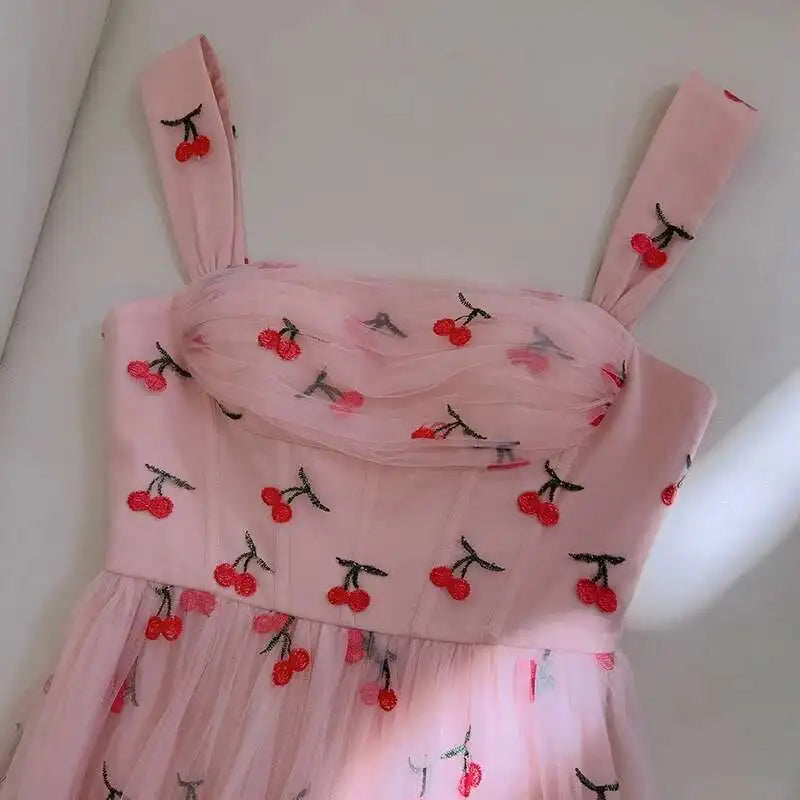Lunivop  2025 Spring And Summer New Cherry Embroidery Dreamy Women Dress Tulle Fabric Sleeveless Elegant Dresses Female