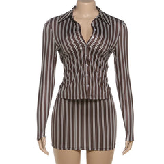 Lunivop  Striped 2 Piece Set Full Sleeve Single Breasted Shirts Top + Bodycon Mini Skirts Women Casual Streetwear Suits Party Clubwear