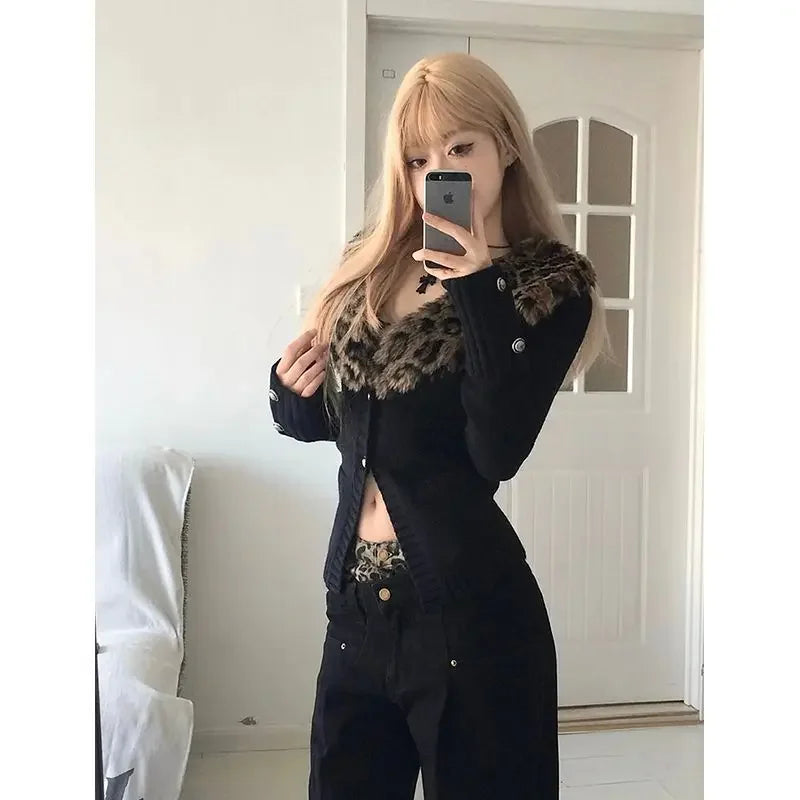 Lunivop Japanese Leopard Knitted Cardigan Sexy Vintage Y2k V-neck Sweaters Long Sleeve Autumn Winter Streetwear Slim Cardigan