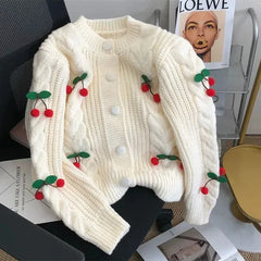 Lunivop Women Cherry Sweater Cardigan Cute Cherries Pom Pom Cable Knit Button-Up Knit Coat Fall Winter Korean Kawaii Sweet Outfit