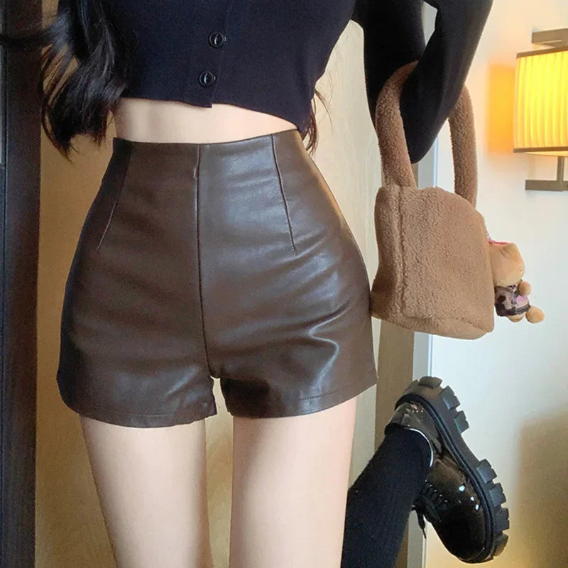 Lunivop Women's New Autumn Black Leather Shorts High-waisted Slimming Tight A- line Casual Pants For Smooth Slimmed Silhouette