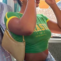 Lunivop Retro Street Aesthetic Baby T-shirt Women Green Brazil Letters Print Crop Tops Casual Slim Short Sleeve Y2k Clothes E-girls