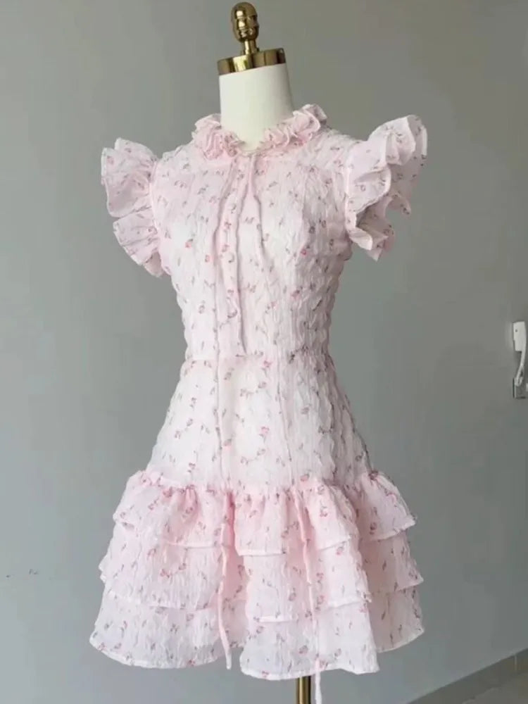 Lunivop  Sweet Floral Flying Sleeve Chiffon Dress for Women Summer Slim Waist Cake Dresses New O-neck Bow Lace Up Vestidos De Mujer