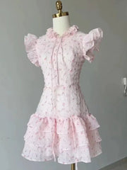 Lunivop  Sweet Floral Flying Sleeve Chiffon Dress for Women Summer Slim Waist Cake Dresses New O-neck Bow Lace Up Vestidos De Mujer