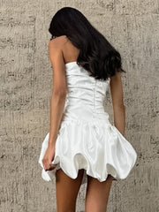 Lunivop  White Fluffy Floral Bud Dress Autumn  New Fashion Women Clothing Satin Strapless Sexy Off The Shoulder Short Dresses