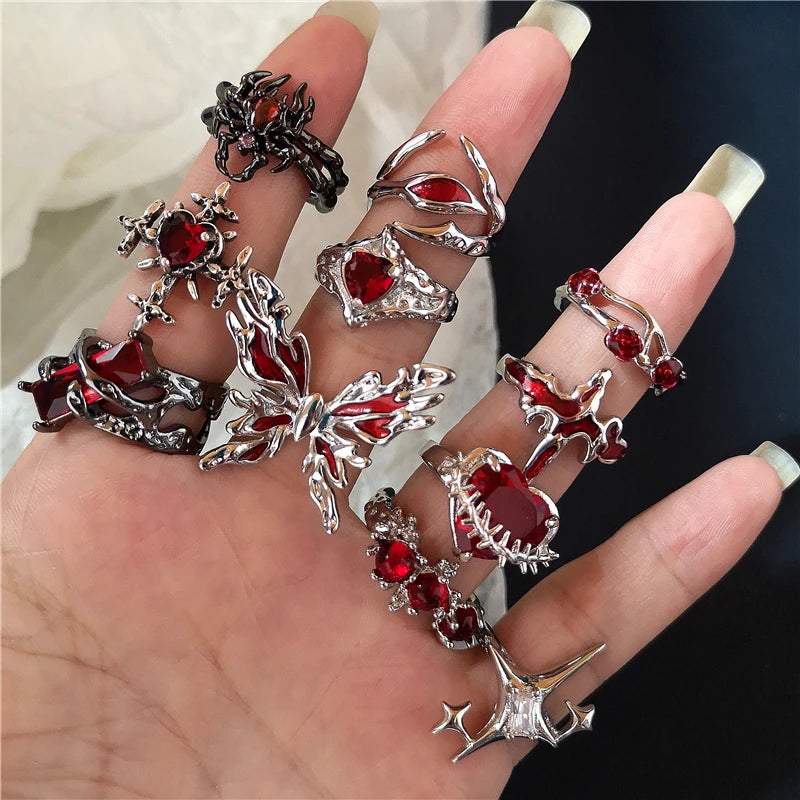 Lunivop Irregular Red Crystal Glass Heart Aesthetic Rings For Women Y2K Gothic Animal Spider Ring Creative Grunge Jewelry Accessories