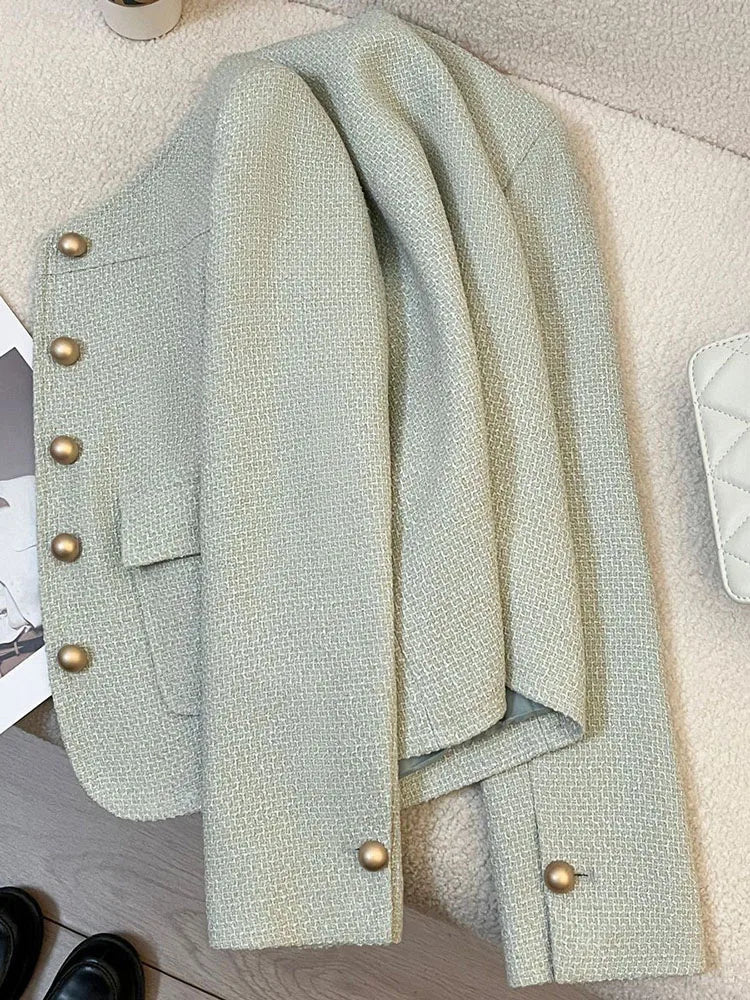 Lunivop Korean Sweet Green Jacket Women Casual O Neck Long Sleeve Tweed Coat Fashion Single Breasted Female Chic Blazer Jackets