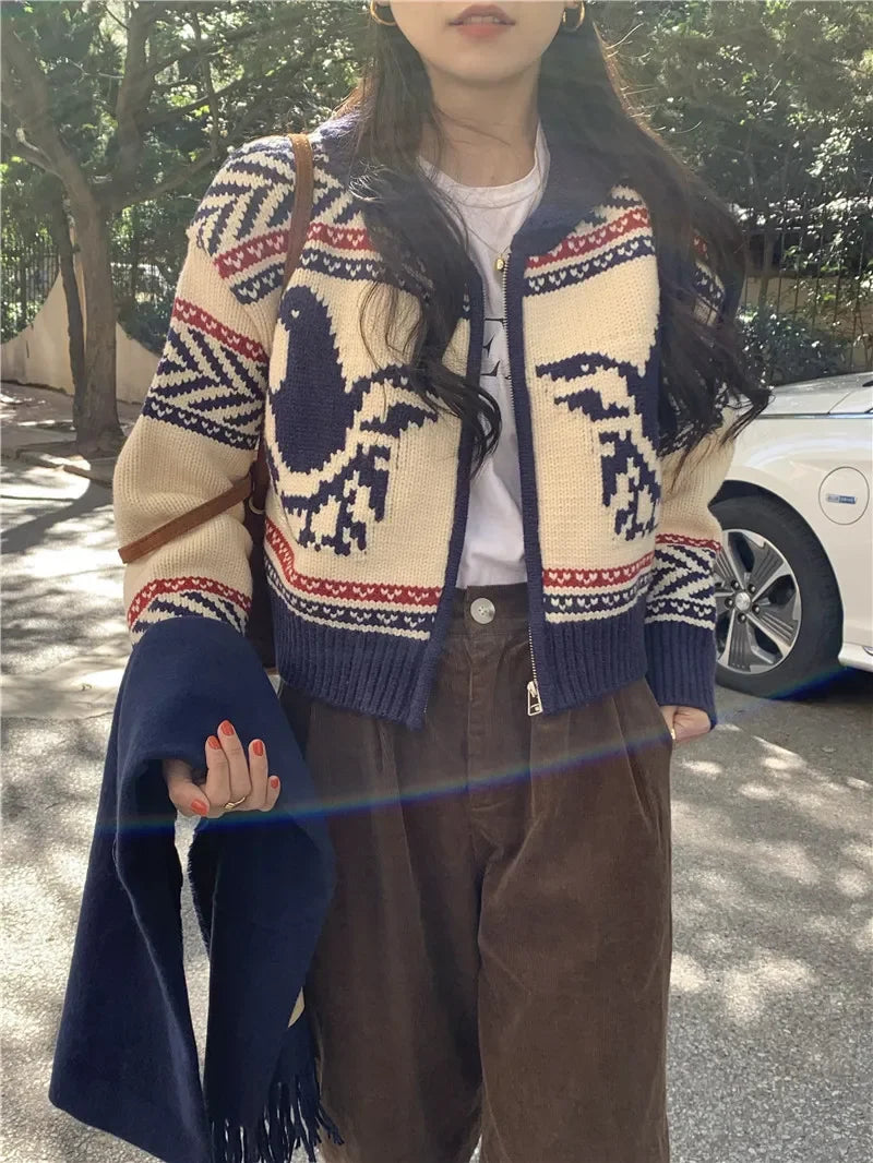 Lunivop Knitted Zip Up Cardigan Women Vintage Fair Isle Zipper Front Cropped Sweater Jacket Knitwear Autumn Winter Outfit