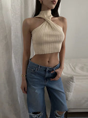 Lunivop  Knit Sweater Pullover Women Ribbed Twist Off-Shoulder Slim Summer Patchwork High Waist Tank Top Knitwear Female Y2k Top