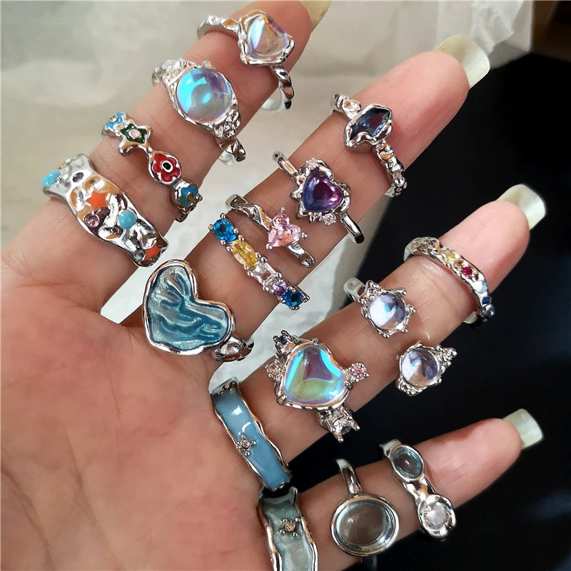 Lunivop Kpop Fashion Y2K Crystal Heart Adjustable Ring Irregular Geometry Punk Vintage Rings For Women Girls Cute Jewelry Accessories