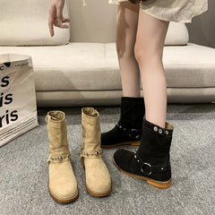 Lunivop New Women Suede Leather Ankle Boots Square Low Heels Pointed Toe Western Cowboy Boots Woman Autumn Winter Buckle Short Booties