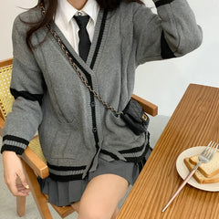 Lunivop Knit Cardigan for Women Long Sleeve Button-up with Contrast Trim Sweater Jacket Varsity High School Teen-girl Preppy Chic Outfit