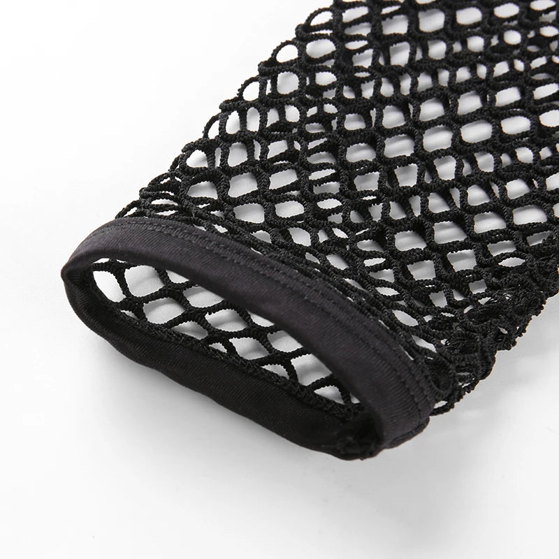 Lunivop  Black Loose Fishnet Holes T Shirt Street Style Bandage See Through Hollow Out Crop Top Women Harajuku Casual Summer Shirt